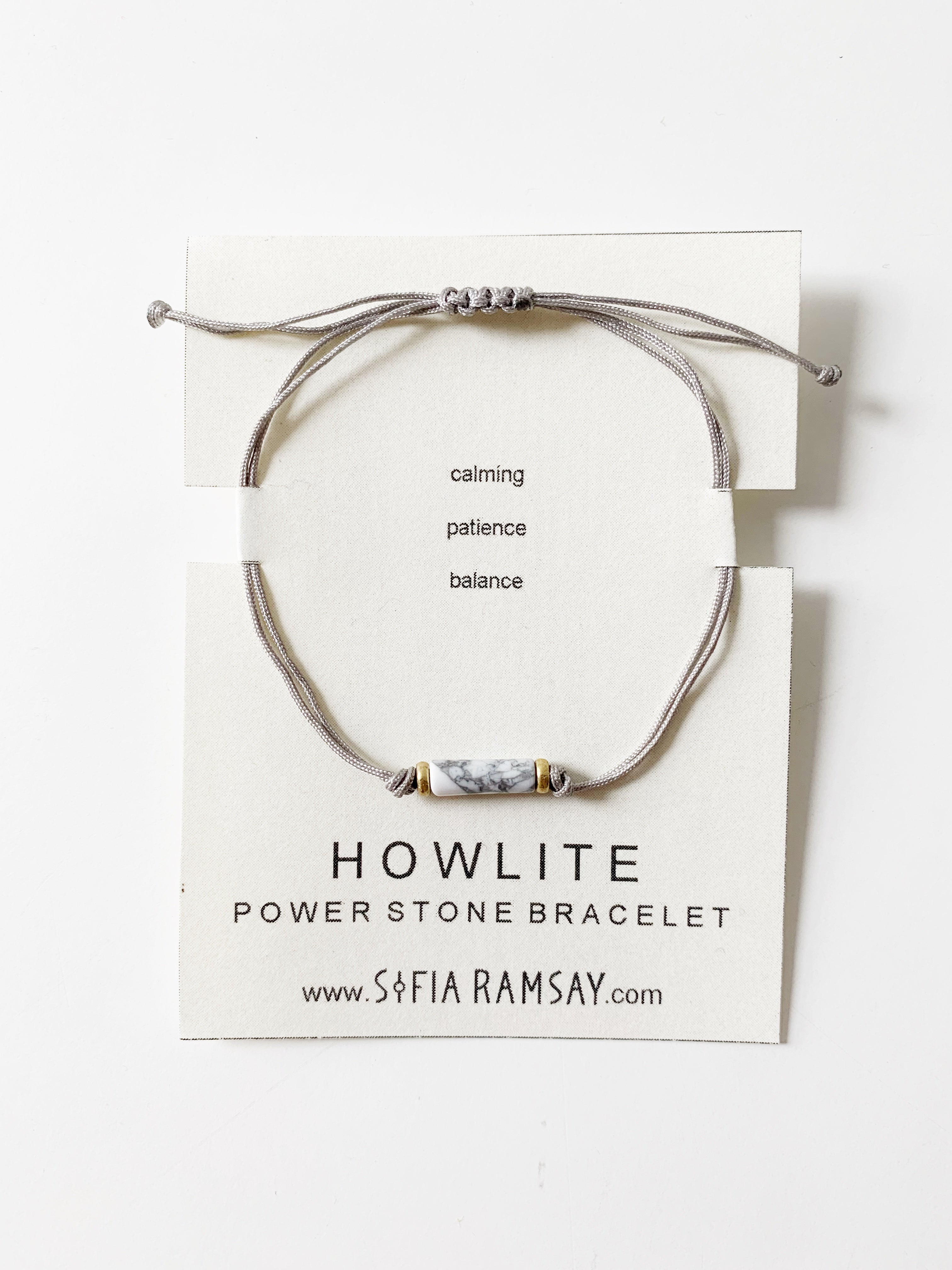 Howlite power stone bracelet in jewelry and watches, featuring white and grey marbled beads from Mint Green Corydalis.