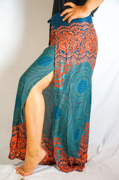 Tan Smokey teal palazzo wrap pants with a boho harem design, featuring flowy, relaxed-fit hippie-style harem pants.