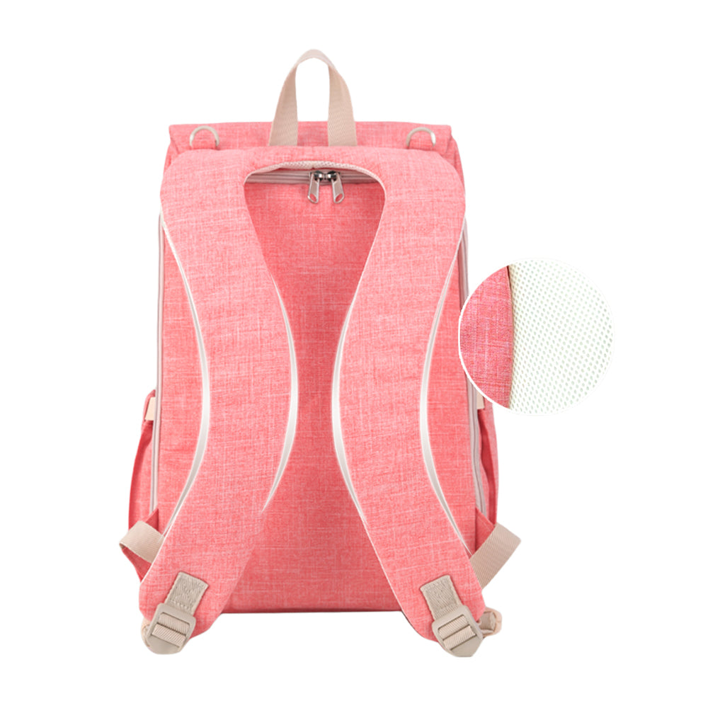 Maroon Chronos canvas diaper bag travel backpack with multiple compartments and adjustable straps for parents on the go.