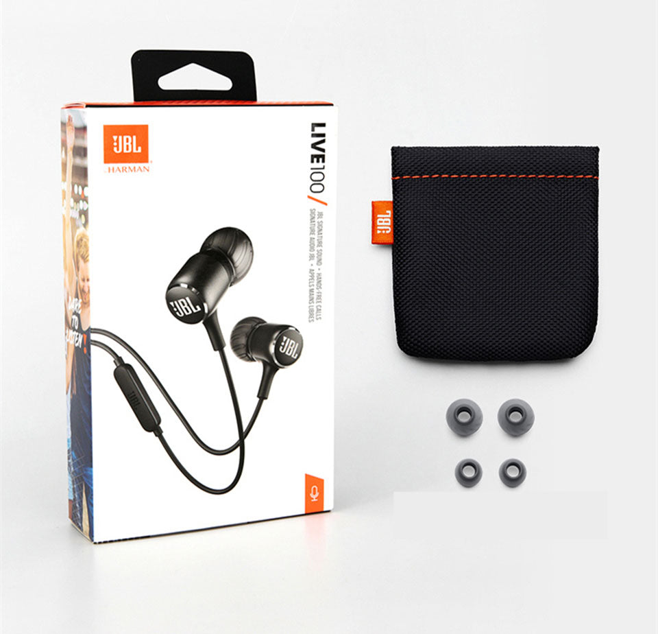 Teal Simba JBL LIVE100 wired earphones with 3.5mm stereo audio and line control, featuring sleek design and in-ear fit.