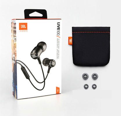 Teal Simba JBL LIVE100 wired earphones with 3.5mm stereo audio and line control, featuring sleek design and in-ear fit.