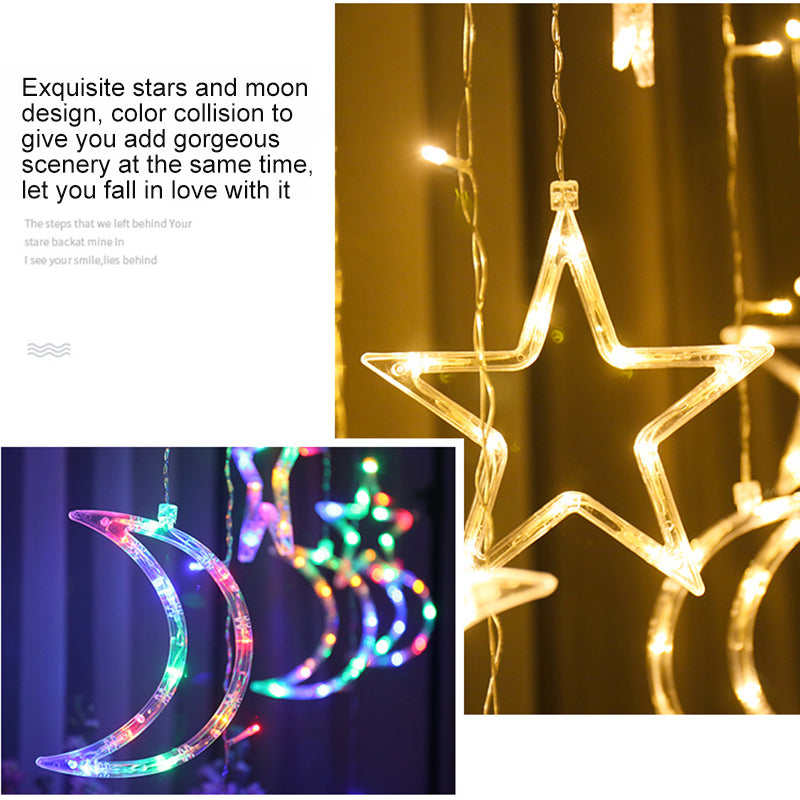 Teal Simba moon and star string lights with remote control, decorative Christmas lighting for indoor or outdoor use