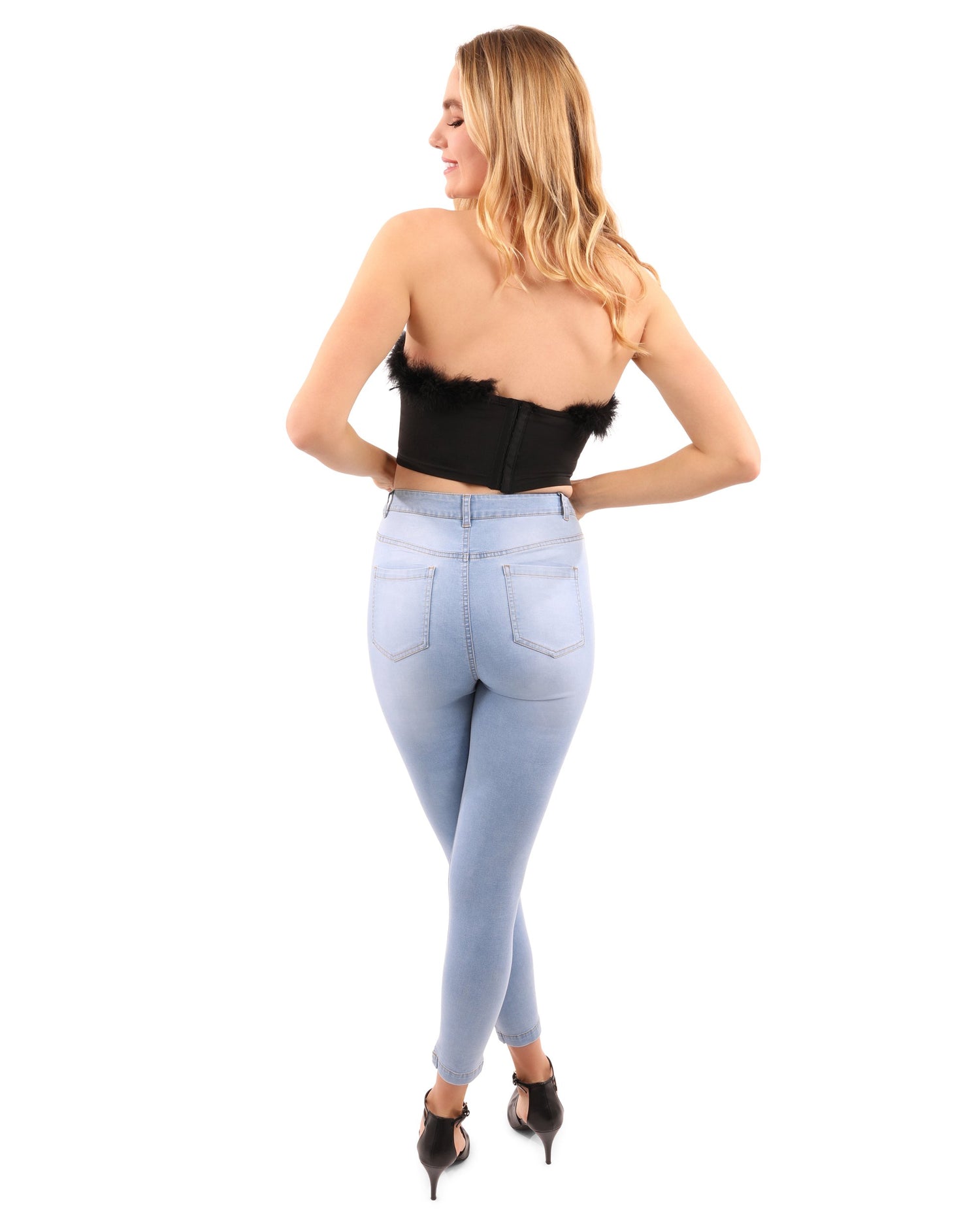 Lazurite Pamela fur detail crop top for women, featuring a stylish fur trim and fitted design, perfect for fashionable outfits.