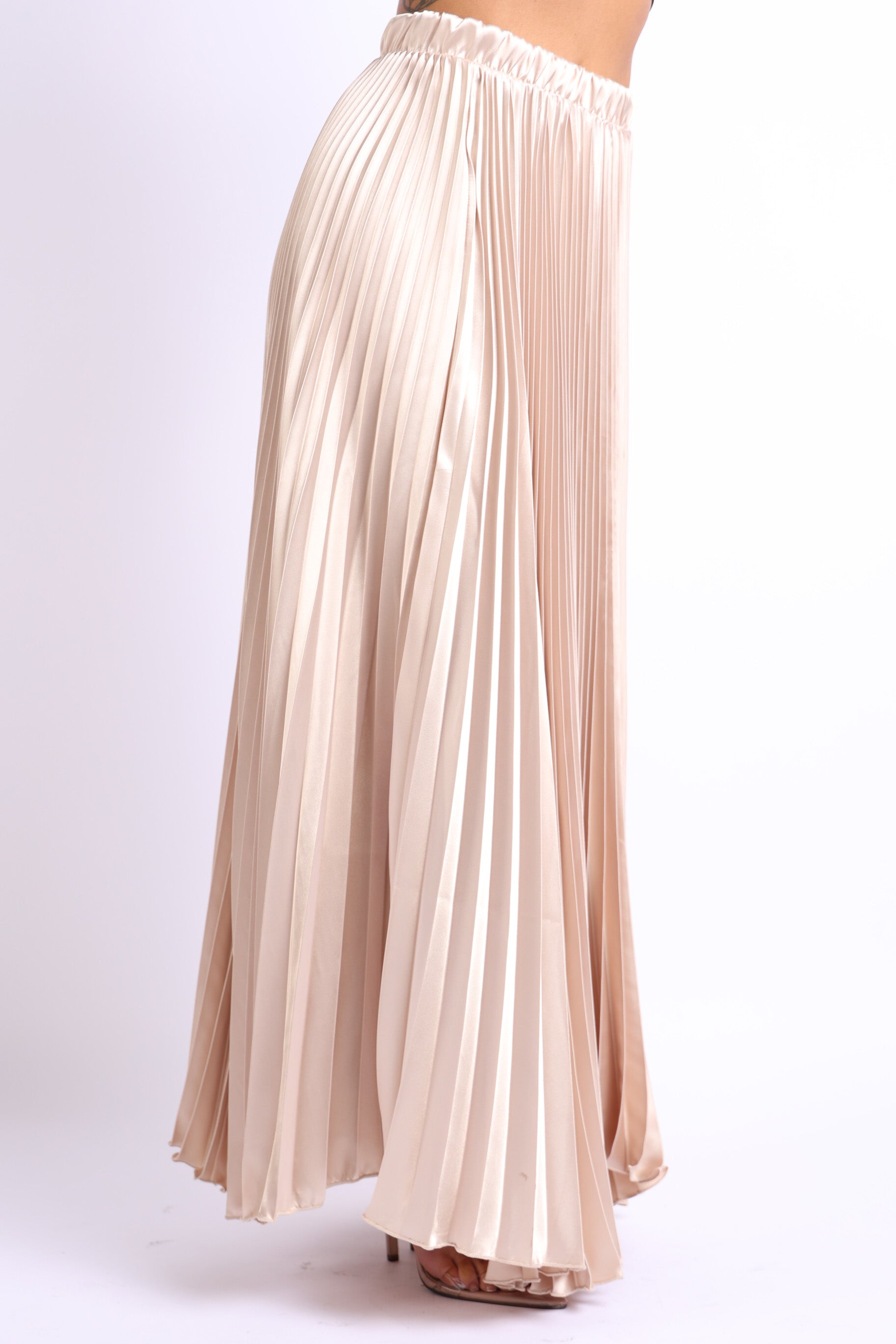 Puce Juniper taupe elastic high waist A-line satin maxi skirt with pleats, suitable for formal or prom occasions.