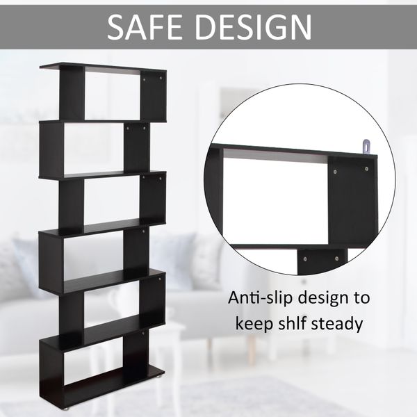 Taupe Shadow HOMCOM wooden S-shaped bookcase with six shelves for home storage and display in a modern home or office setting.