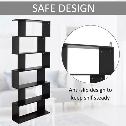 Taupe Shadow HOMCOM wooden S-shaped bookcase with six shelves for home storage and display in a modern home or office setting.