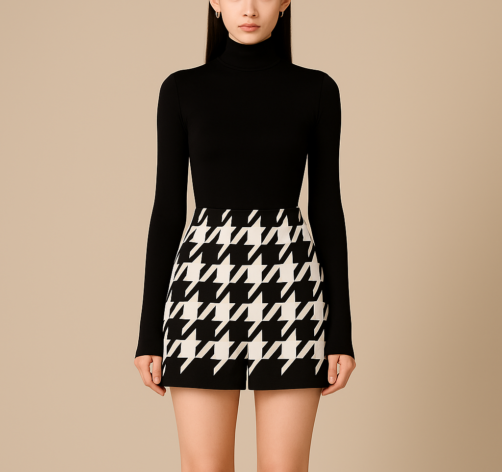 Carmine Juneberry houndstooth woolen cape coat and matching shorts set, stylish jackets and coats for a sophisticated look