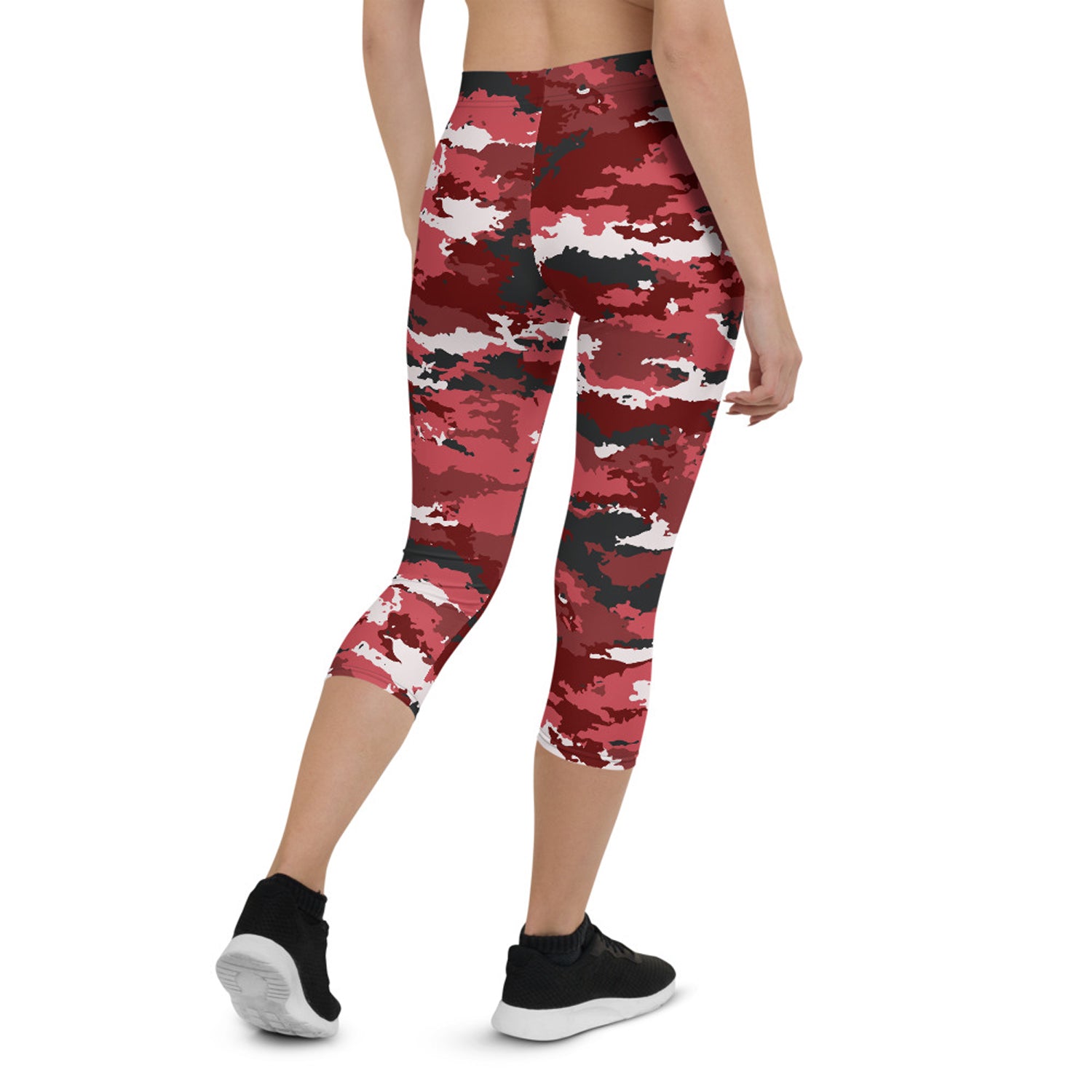 Maroon Sooty red camo activewear capri leggings with a fitted waistband and bold camouflage pattern.