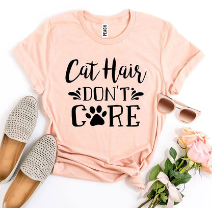 Agate Cat Hair Don’t Care T-shirt showing a casual fit with playful text, perfect for cat lovers and casual wear.