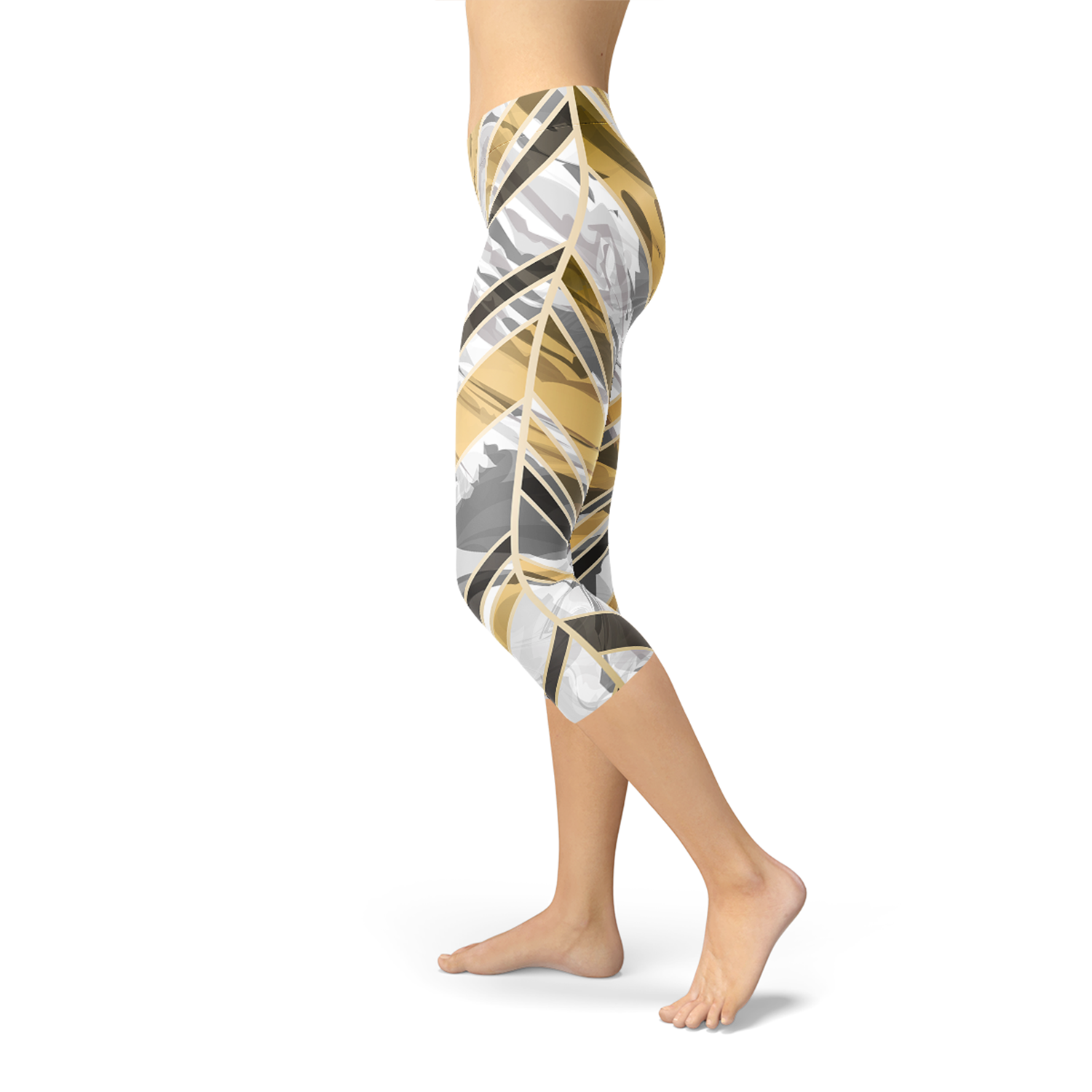 White marble-pattern Capri leggings with black gold lines by Maroon Sooty, featuring a stylish and comfortable fit.