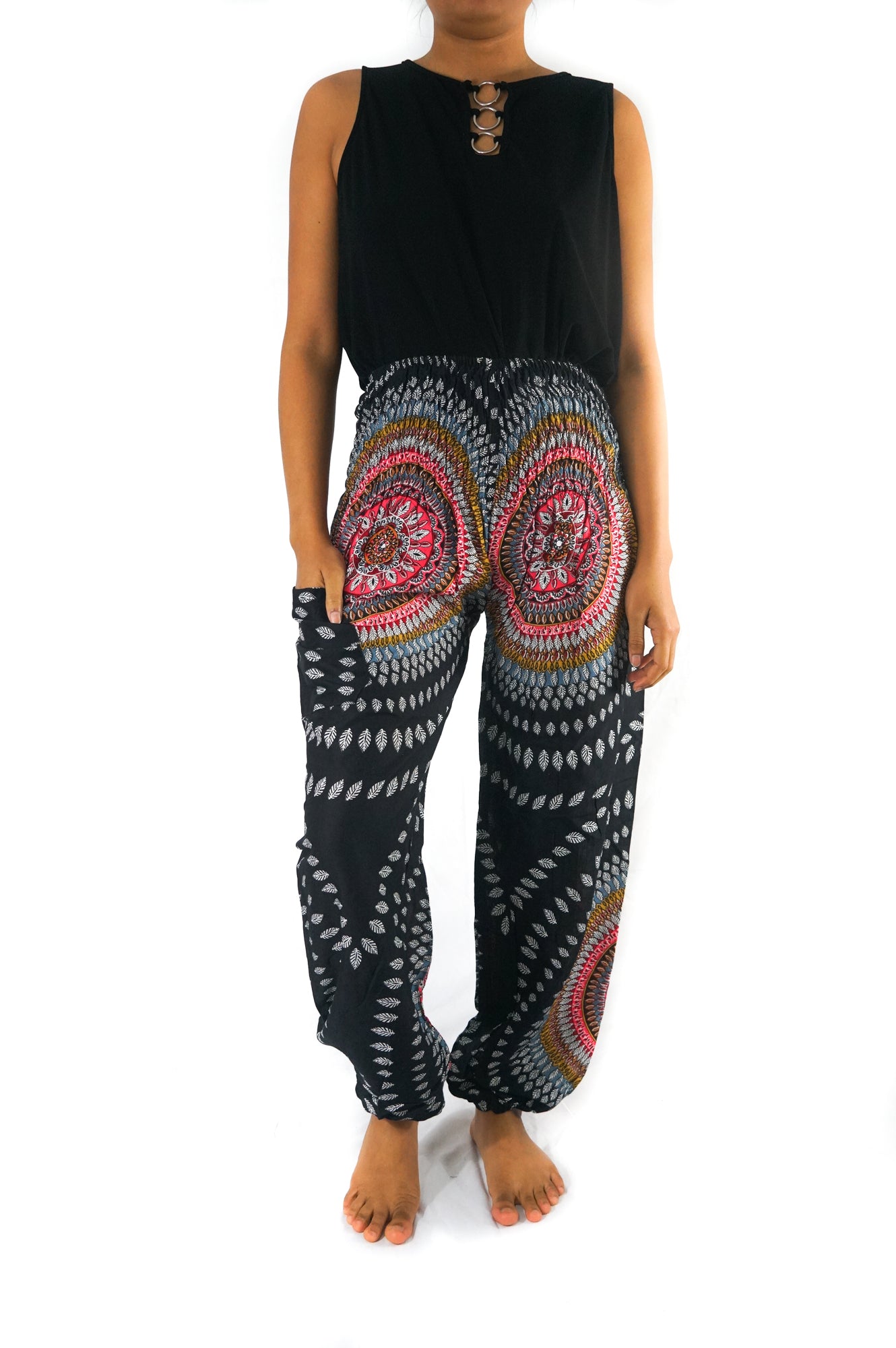 Black Lotus women’s boho harem pants by Tan Smokey, featuring flowy, comfortable hippie-style pants with a relaxed fit.