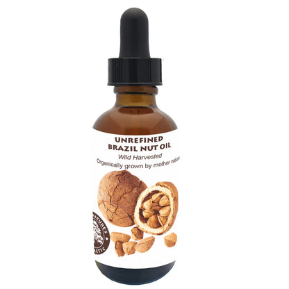 Organic Brazil Nut Oil from Yellow Poppy, cold-pressed and unrefined, shown in a clear glass bottle for skincare use.