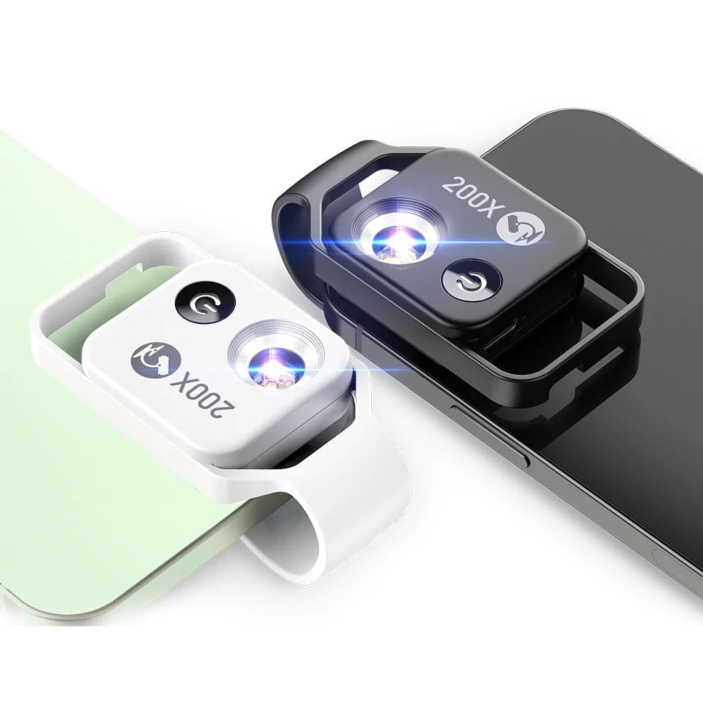 Yellow Pandora 200X magnification lens for mobile phones, showing close-up view of lens attachment and mobile device.