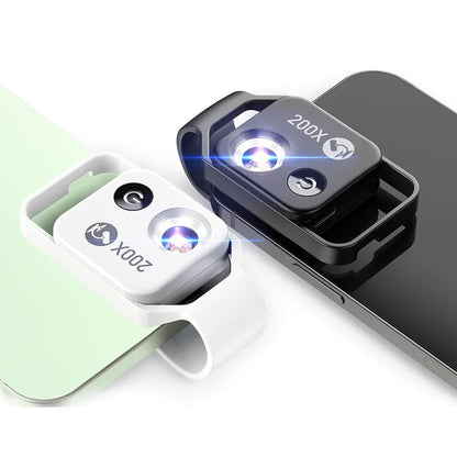 Yellow Pandora 200X magnification lens for mobile phones, showing close-up view of lens attachment and mobile device.