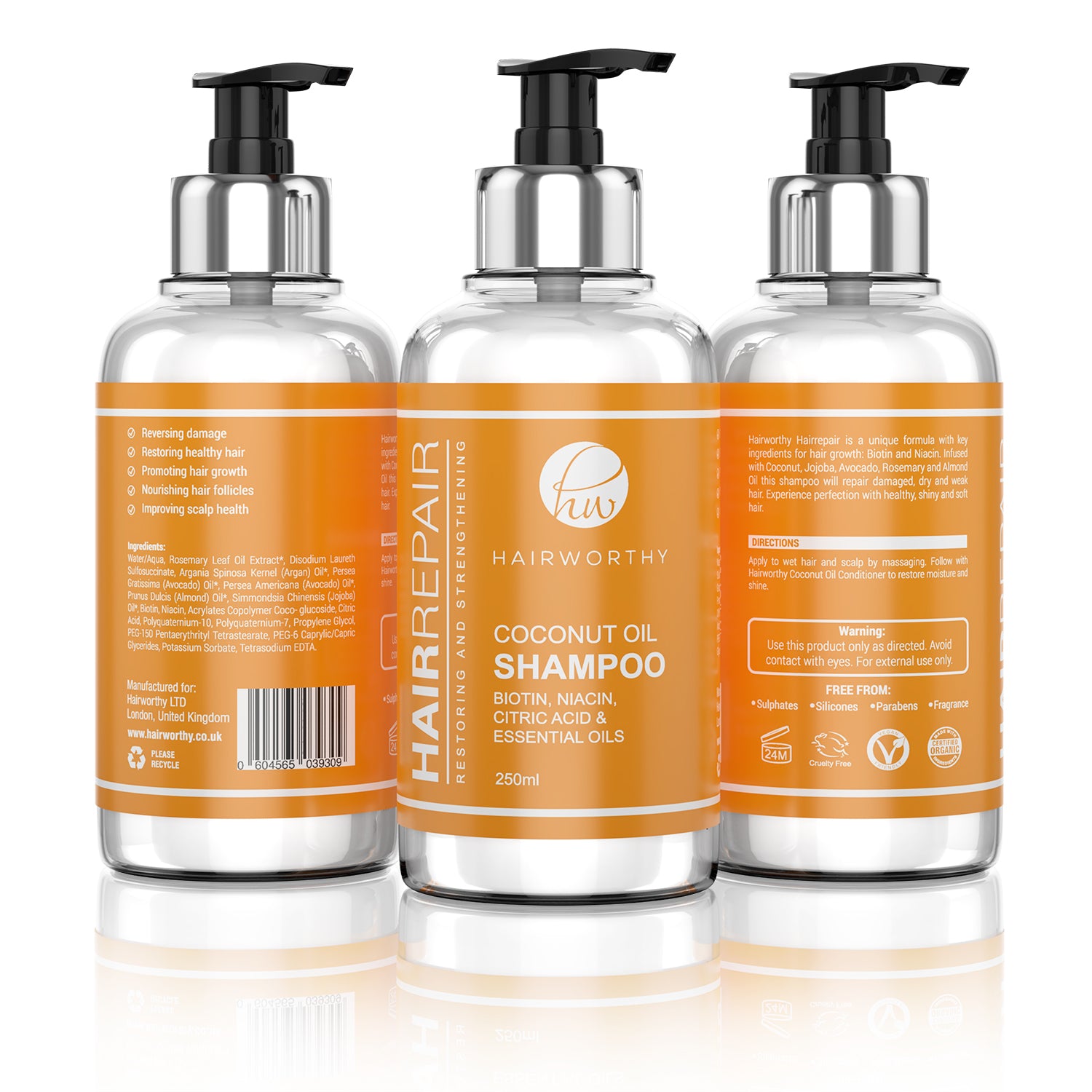 Black Sugarplum Hairworthy Hairrepair Shampoo bottle for damaged hair, featuring a sleek black and white design.