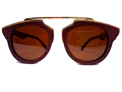 Purple Ariadne cherry wood full frame sunglasses with polarized lenses and gold trim, handcrafted for a stylish look.