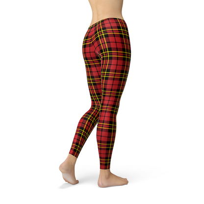 Womens red plaid tartan leggings by Maroon Sooty, featuring a stylish checkered pattern and comfortable fit.