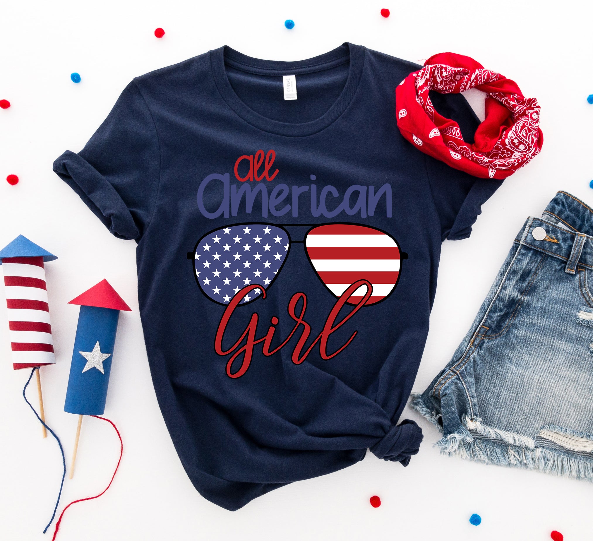 All American Girl T-shirt by Agate featuring patriotic flag and star design on soft cotton fabric.