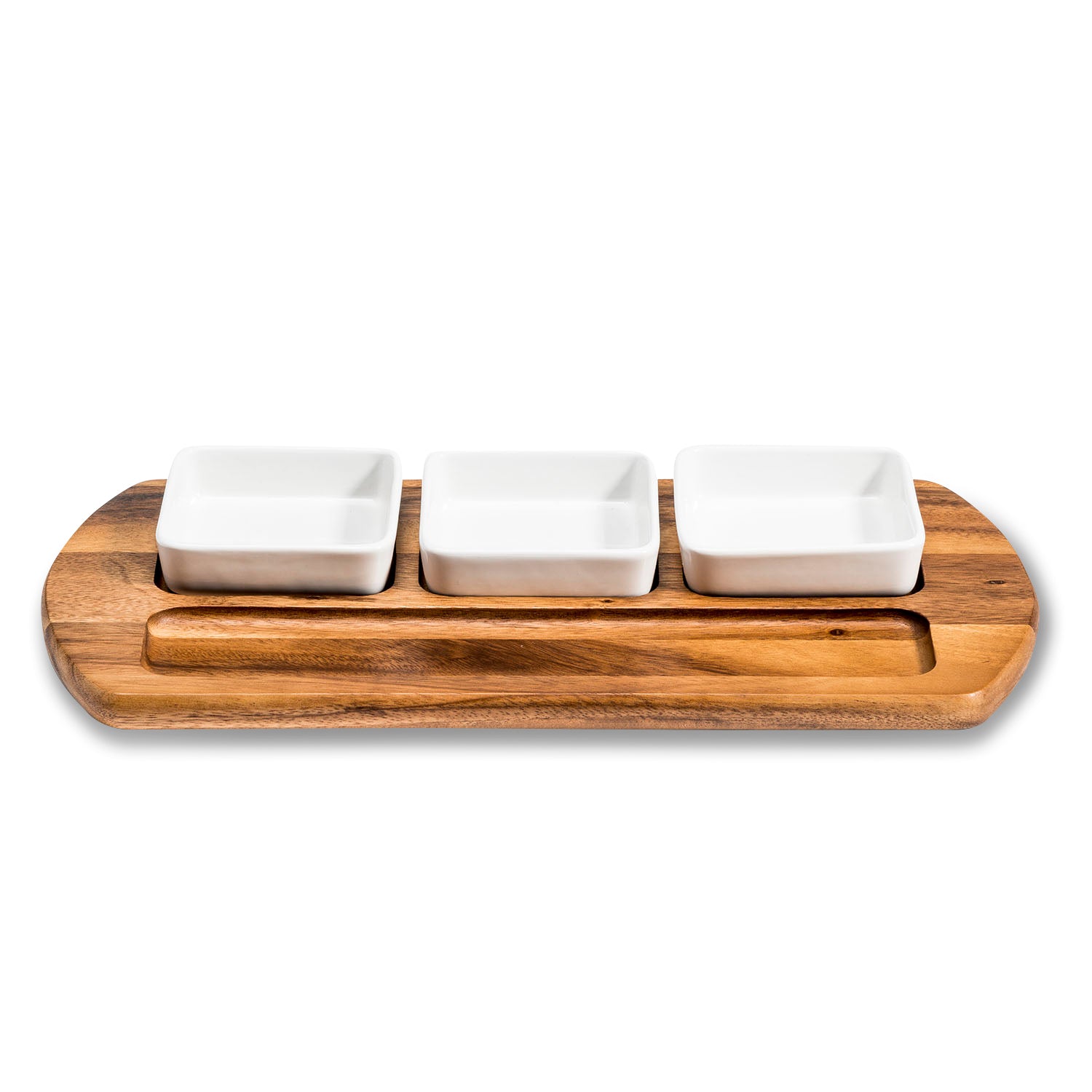 Azure Lily ceramic charcuterie serving tray with three square bowls for kitchen presentation and snack sharing.