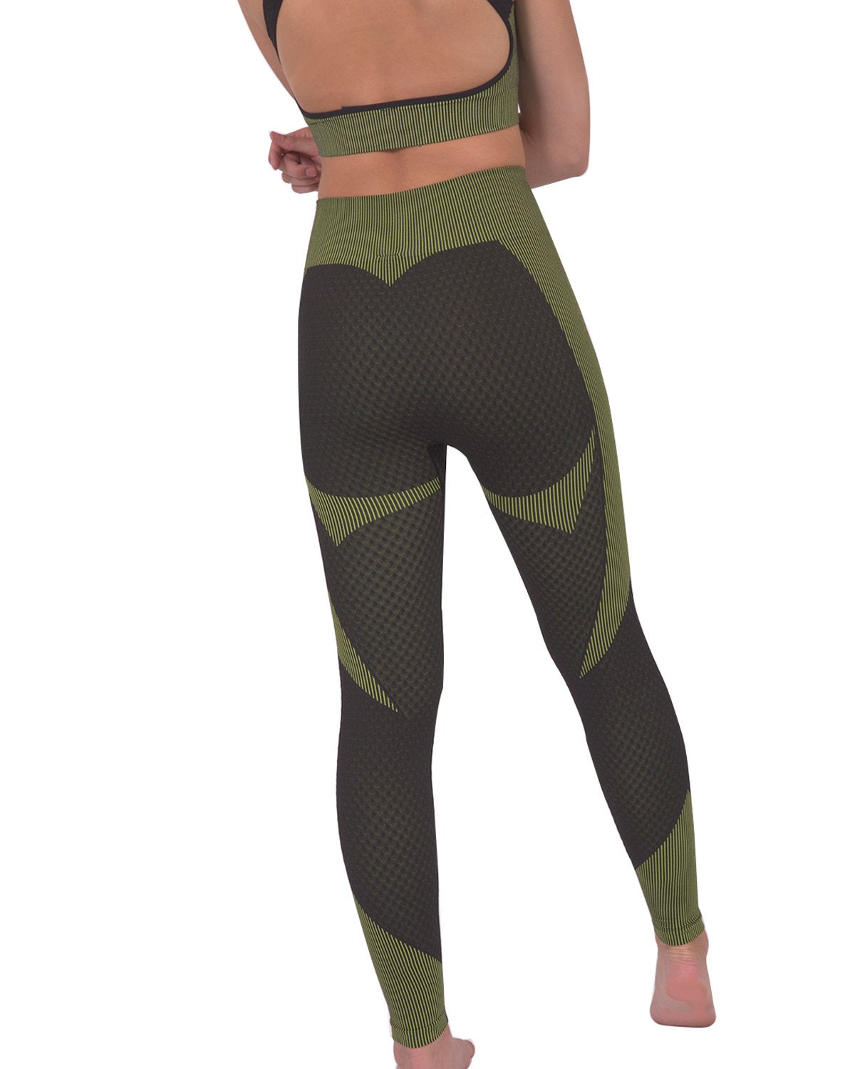 Lazurite Trois Seamless Activewear Leggings in black with green accents, showcasing a snug fit and seamless design for workouts.