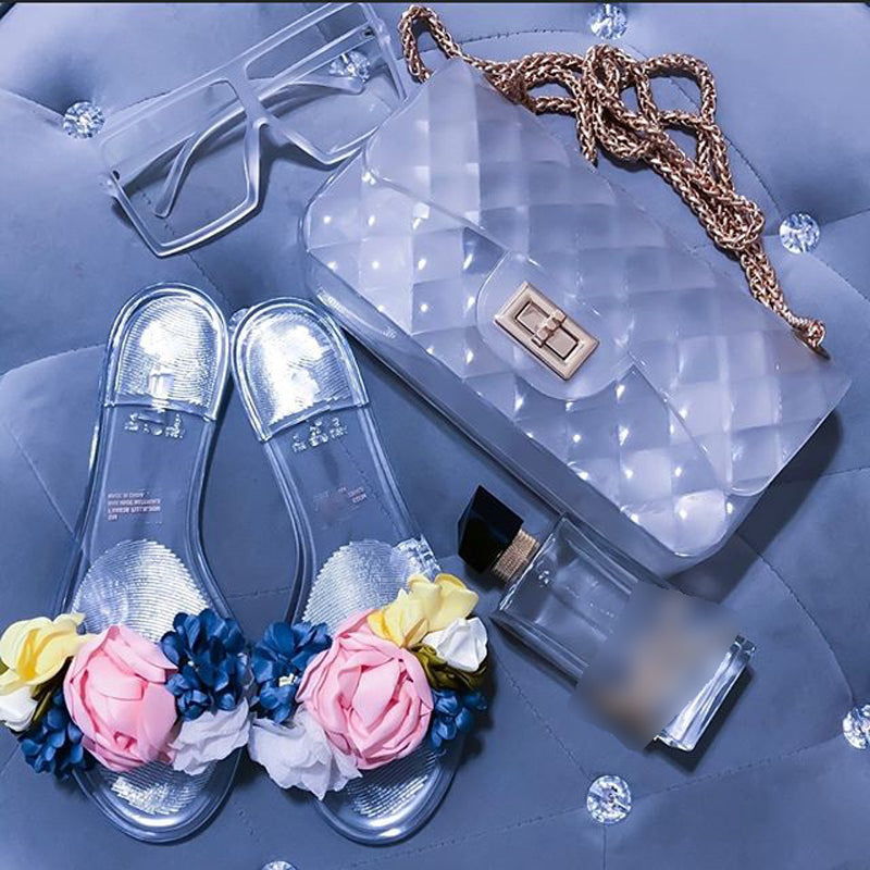 Transparent flower design summer beach slippers for women by Coffee Jasper, featuring open-toe style and slip-on comfort.