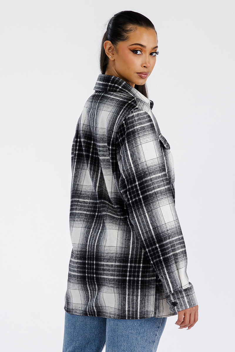 Lime Milo Boyfriend oversized soft flannel shacket in neutral tones, featuring a relaxed fit and button-up front.