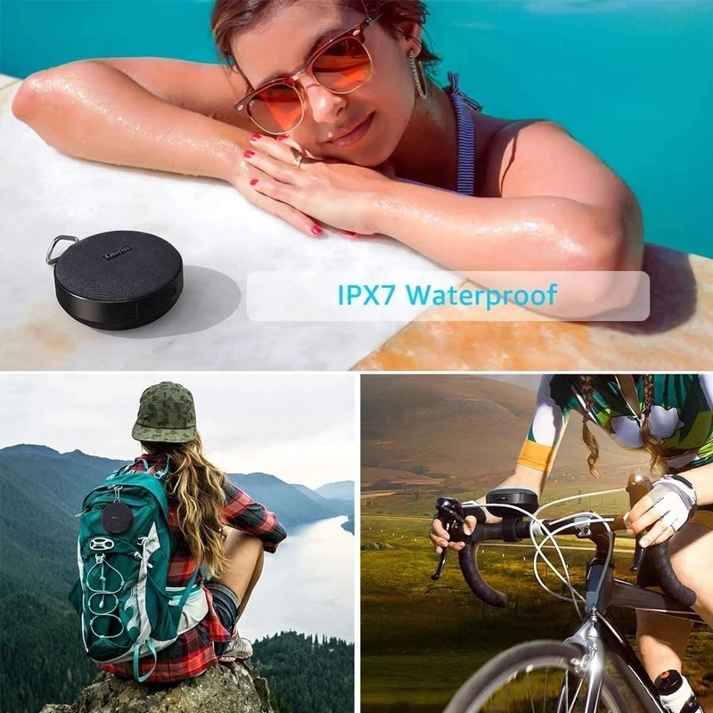 Lilac Milo IPX7 waterproof portable sport Bluetooth speaker with bike mount, showing rugged design and mounted on a bike handlebar.