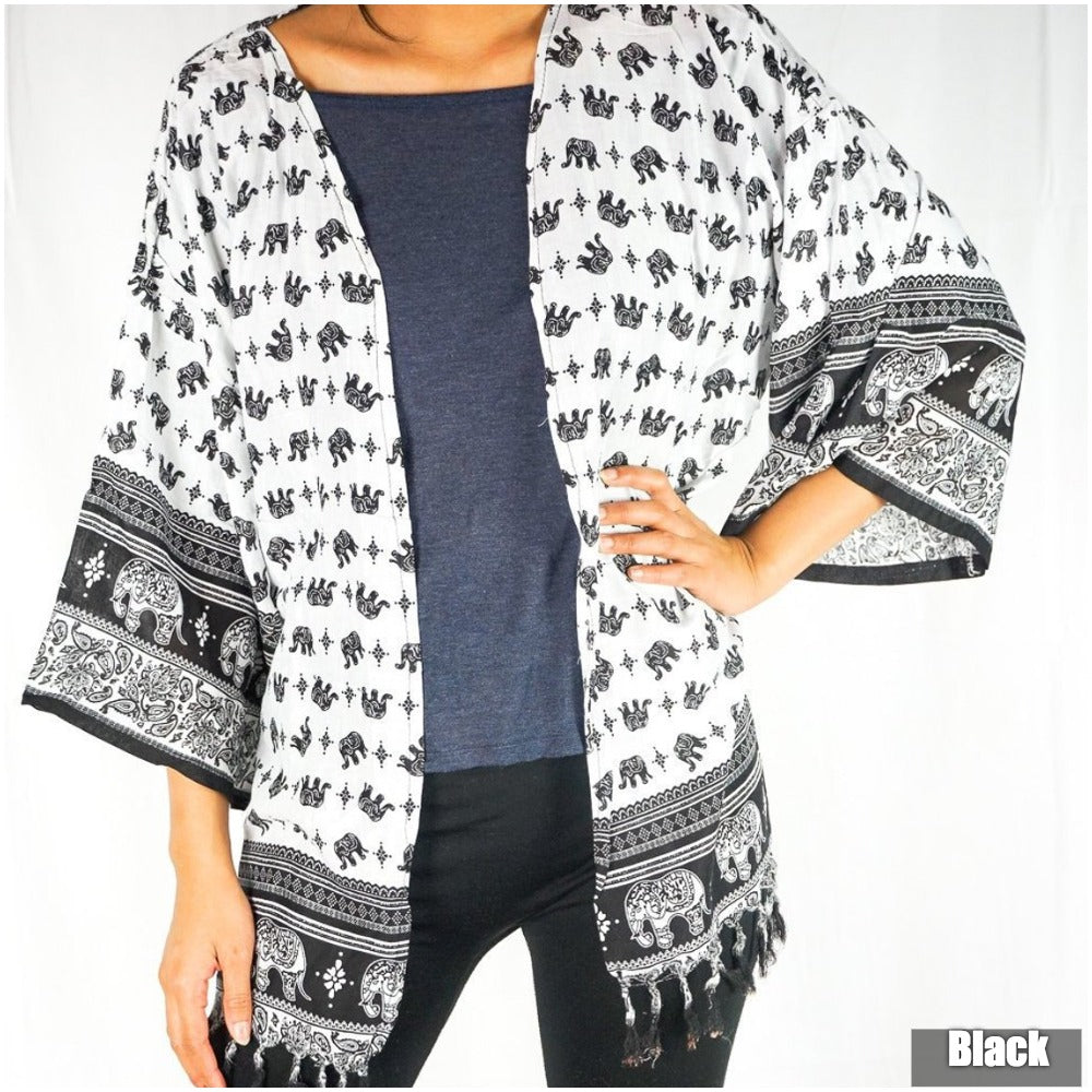 Tan Smokey Elephant Tribal Boho kimono cover-up sweater with fringed edges and colorful tribal patterns, perfect for boho style.