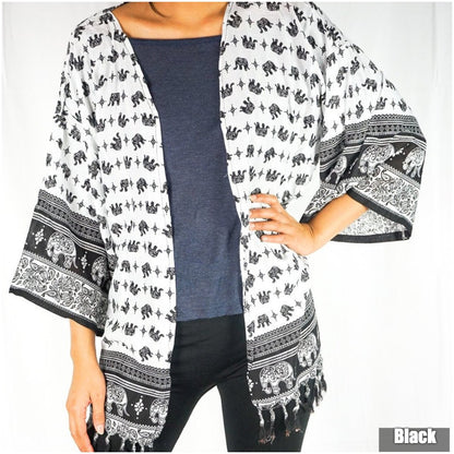 Tan Smokey Elephant Tribal Boho kimono cover-up sweater with fringed edges and colorful tribal patterns, perfect for boho style.