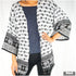 Tan Smokey Elephant Tribal Boho kimono cover-up sweater with fringed edges and colorful tribal patterns, perfect for boho style.