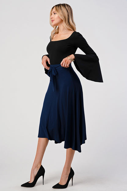 Solid high waist midi skirt with waist tie, women&