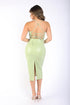 Puce Juniper matte PU strap midi dress with open back in sage, perfect for club and party occasions.
