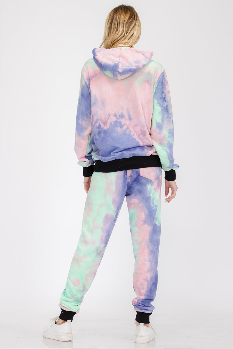 Women’s cotton tie-dye lounge wear sweat set by Lime Milo, featuring a comfortable matching sweatshirt and pants in vibrant tie-dye pattern.