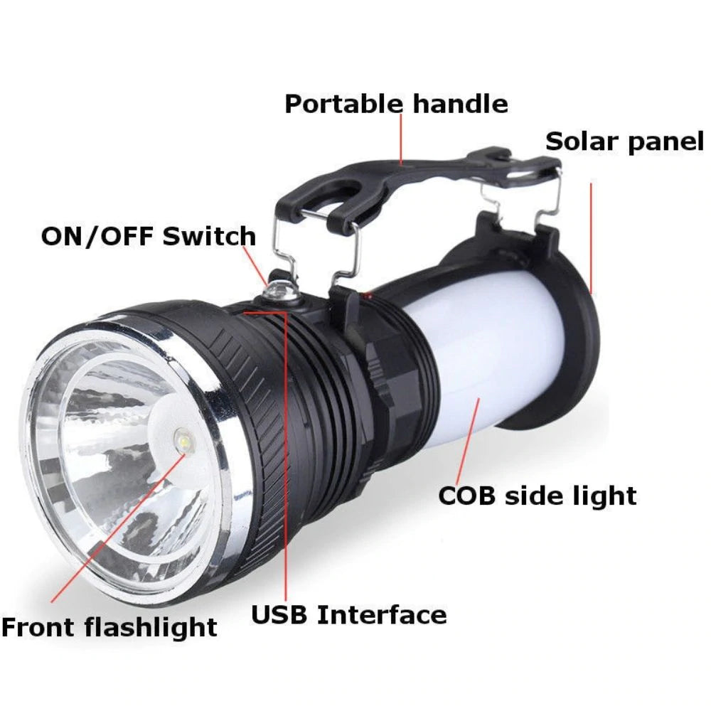 Yellow Pandora multi-function camping light with adjustable brightness and hanging hook for outdoor camping and hiking activities.