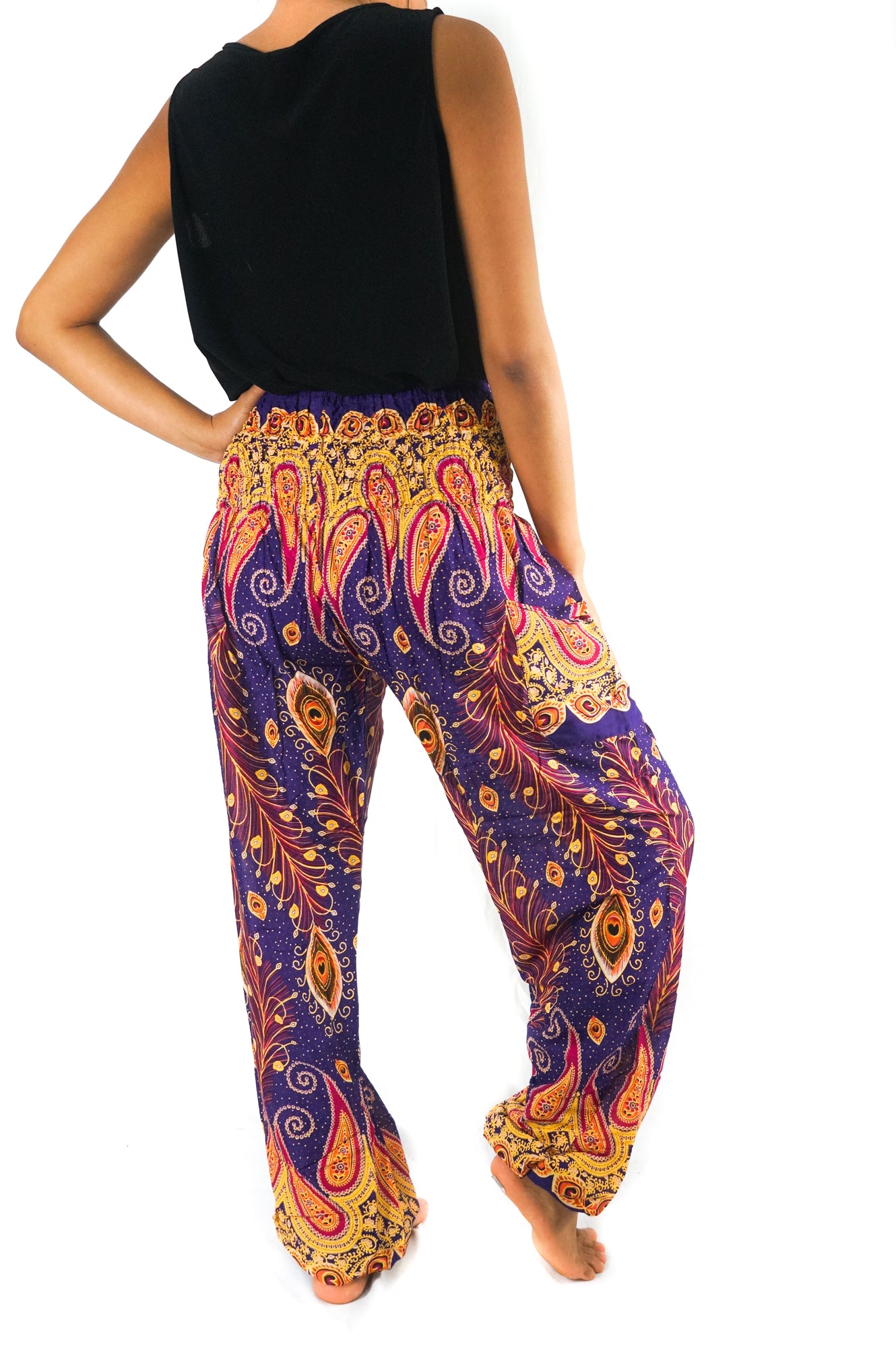 Tan Smokey purple peacock boho gypsy pants with vibrant, flowing fabric and intricate patterns, perfect for a stylish bohemian look.