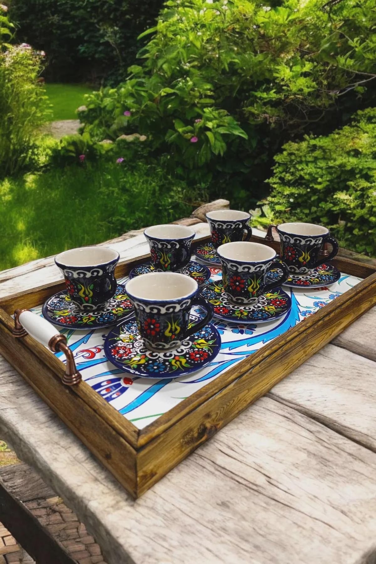 Handmade embossed Ochre Juniper coffee mugs set for Turkish coffee or espresso, showcasing intricate designs and ceramic craftsmanship.