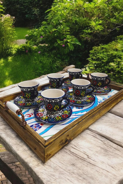Handmade embossed Ochre Juniper coffee mugs set for Turkish coffee or espresso, showcasing intricate designs and ceramic craftsmanship.