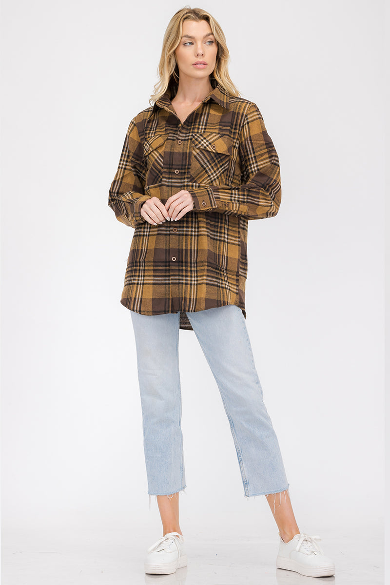 Lime Milo oversized boyfriend plaid checkered flannel top, casual long-sleeve blouse with relaxed fit and classic pattern.