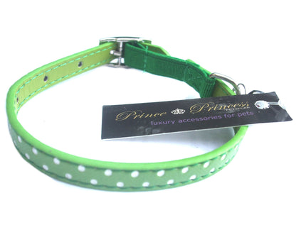 Salmon Oscar polka dot cat collar with adjustable strap and metal buckle, designed for comfort and style for feline pets.