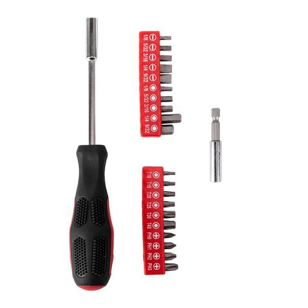Set of 39 hand tools including measuring tape, pliers, and more from Lilac Milo, displayed in a compact tool kit for home use.