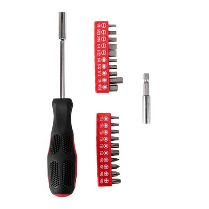 Set of 39 hand tools including measuring tape, pliers, and more from Lilac Milo, displayed in a compact tool kit for home use.
