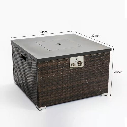 Square dark brown wicker outdoor gas fire pit table by Teal Simba, designed for outdoor home and garden use.
