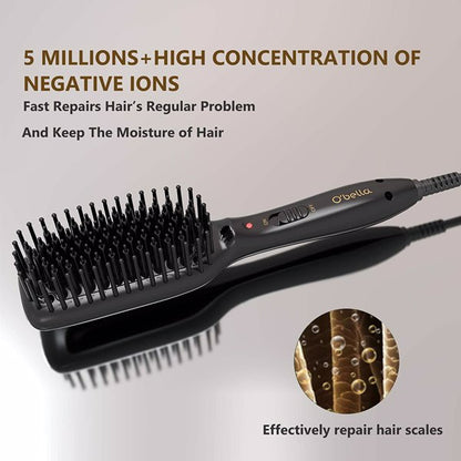 Teal Simba electric hair straightener brush, hot comb styler for smooth, sleek hair, shown on a model&