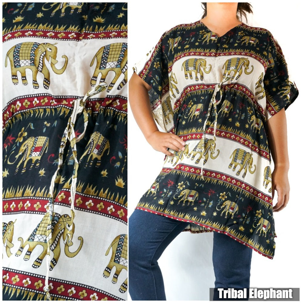 Tan Smokey Boho Elephant Kaftan Dress, short flowy dress with elephant print and relaxed fit, perfect for casual summer wear.
