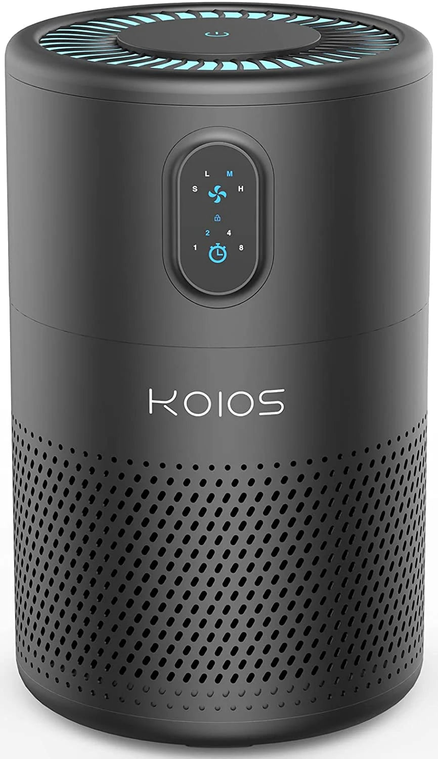 Teal Simba KOIOS air purifier with H13 HEPA filter, designed for bedroom home improvement, showing the sleek purifier unit.