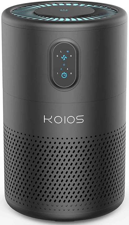Teal Simba KOIOS air purifier with H13 HEPA filter, designed for bedroom home improvement, showing the sleek purifier unit.