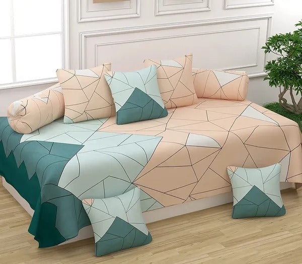 Sangria Alcestis 8-piece diwan set covers including single flat bedsheet and five cushions, home and garden decor.