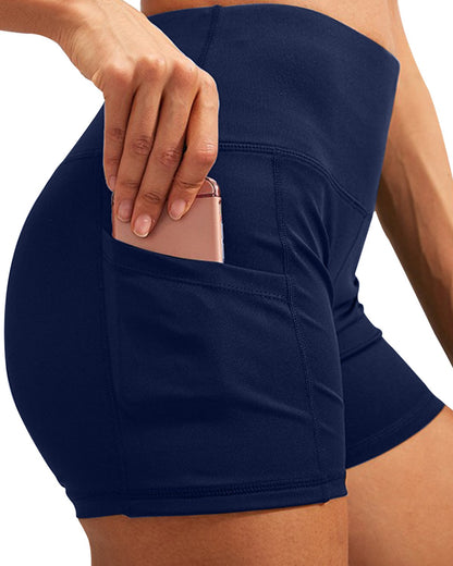 Navy high waist yoga shorts with pockets from Lazurite, featuring a comfortable fit and functional design for active wear.