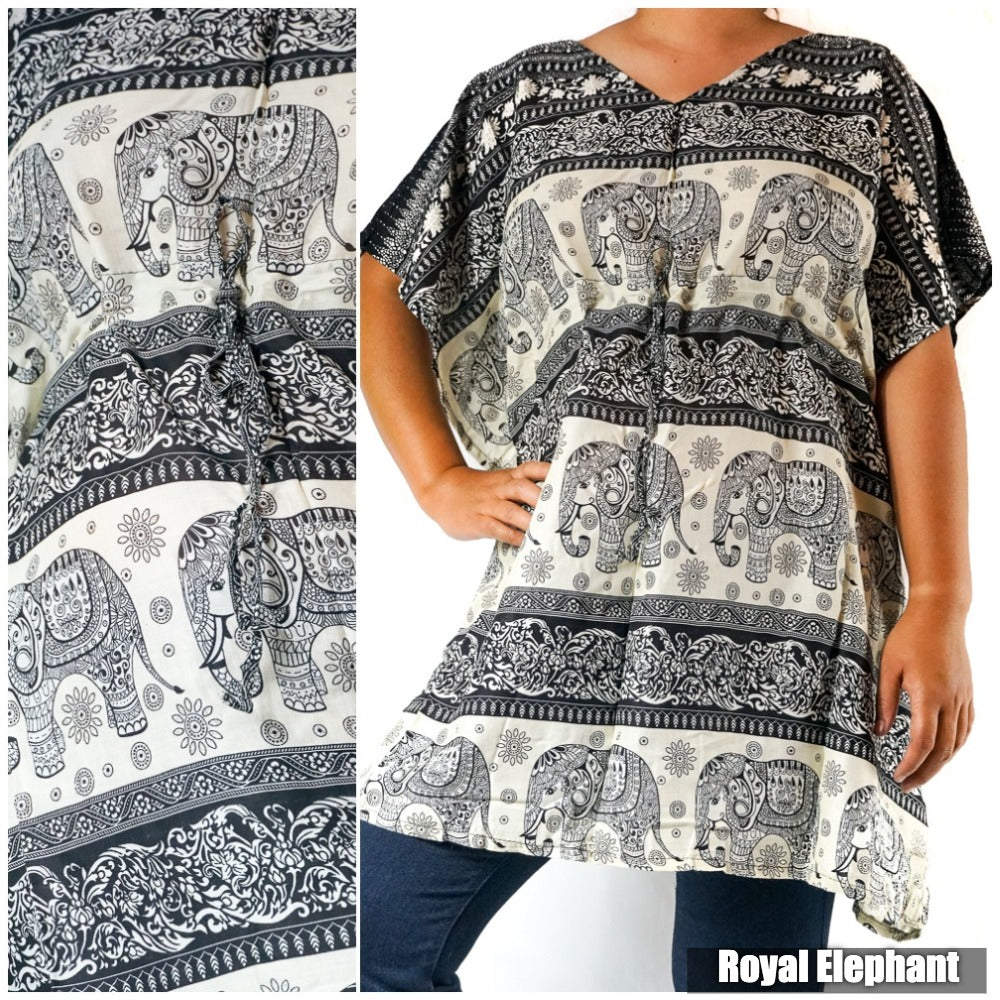Tan Smokey boho elephant kaftan shirt dress featuring flowing fabric, short sleeves, and a relaxed, stylish fit.