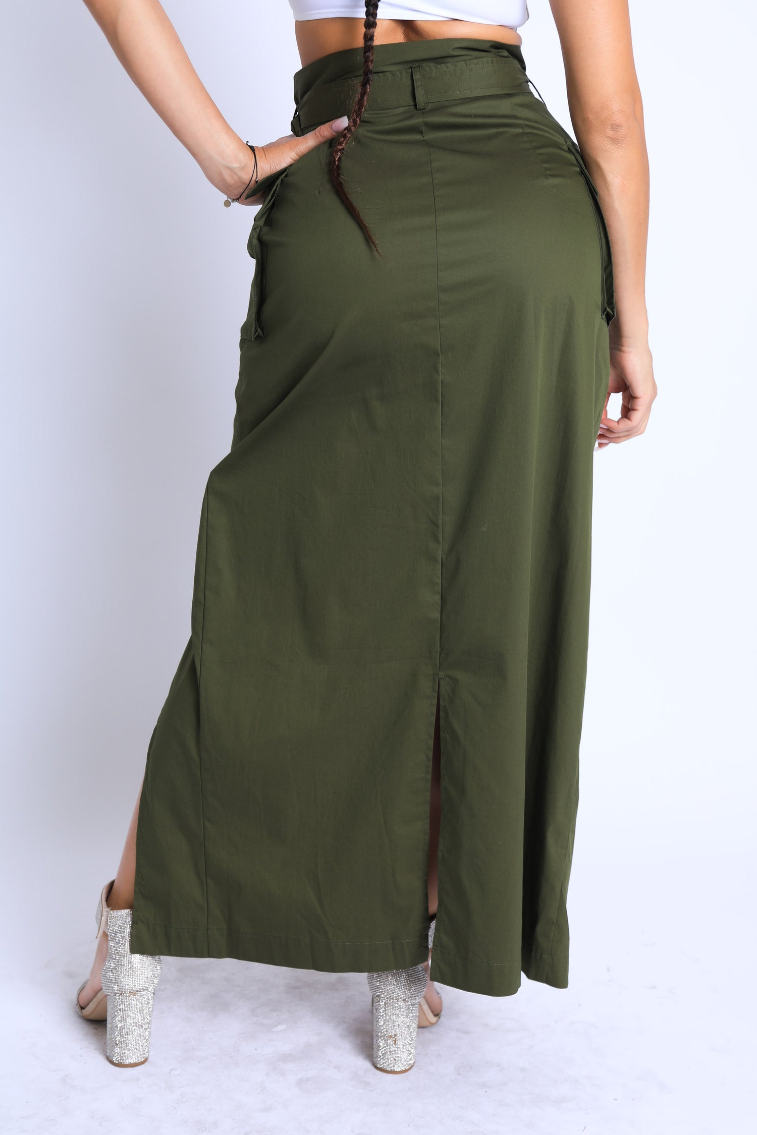 Puce Juniper asymmetric maxi skirt with self belt, pockets, and detailed design, suitable for formal and casual wear.